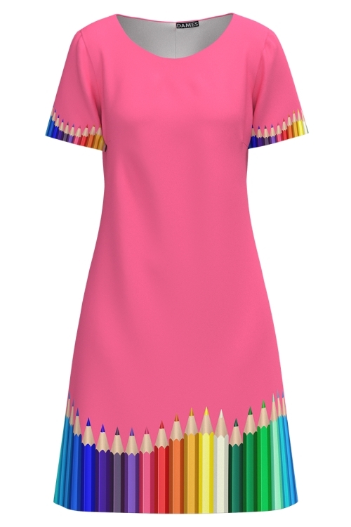 Rochie roz casual de vara cu maneca scurta Creioane colorate
