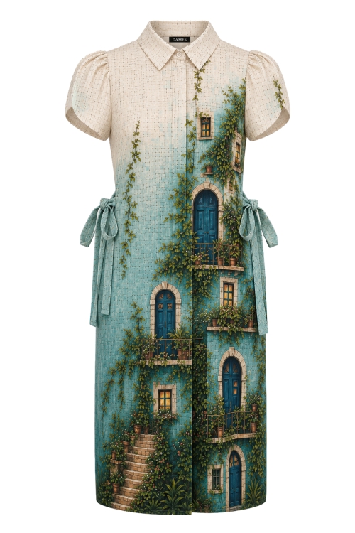 Rochie tip camasa cu cordoane laterale si imprimeu Old Town