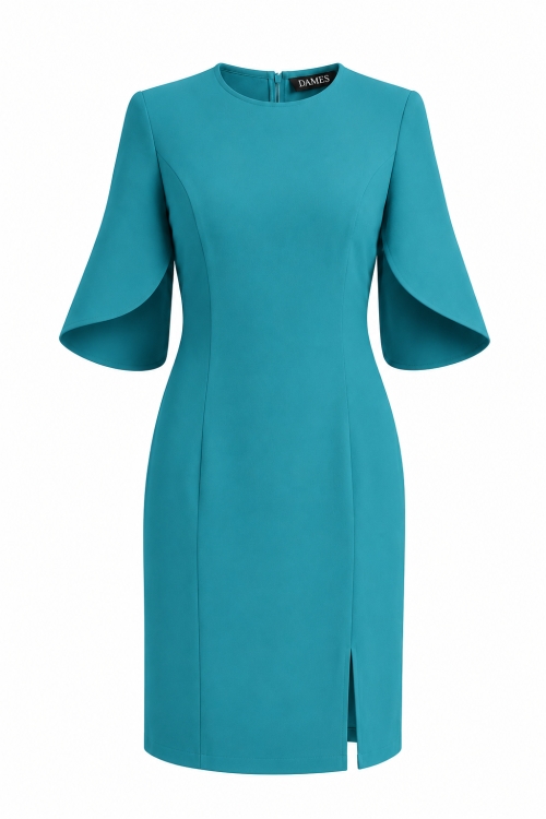 Rochie turcoaz eleganta cu maneci asimetrice si slit pe picior