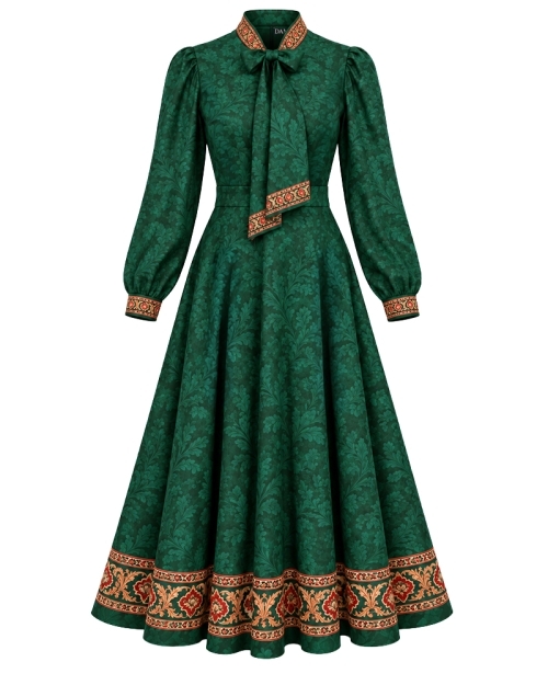 Rochie verde cu guler esarfa si imprimeu floral ornamental