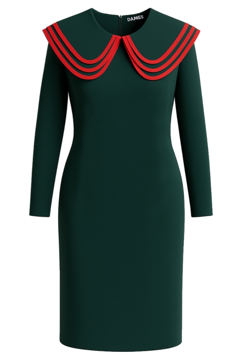Rochie verde cu guler triplu si detalii in contrast