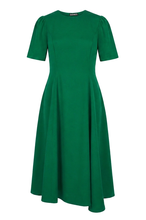 Rochie verde din vascoza premium satinata cu croiala asimetrica