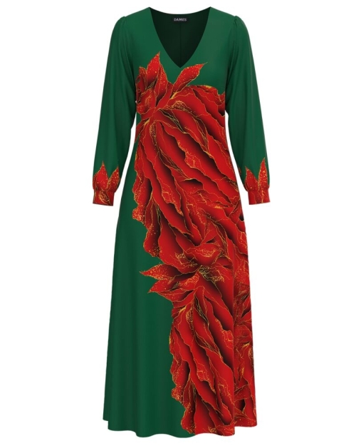 Rochie verde eleganta cu maneca lunga imprimata cu model floral CMD3643 - Img 1