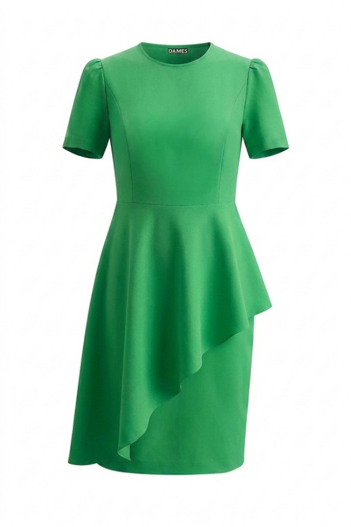 Rochie verde eleganta cu maneca scurta si volan asimetric