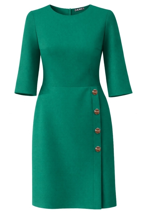 Rochie verde eleganta cu slit si nasturi bijuterie