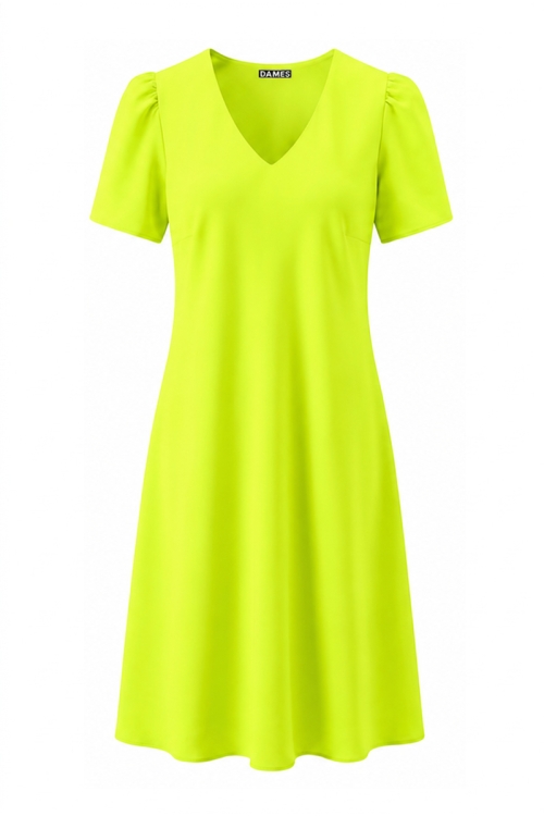 Rochie verde neon de vara cu decolteu in V si buzunare