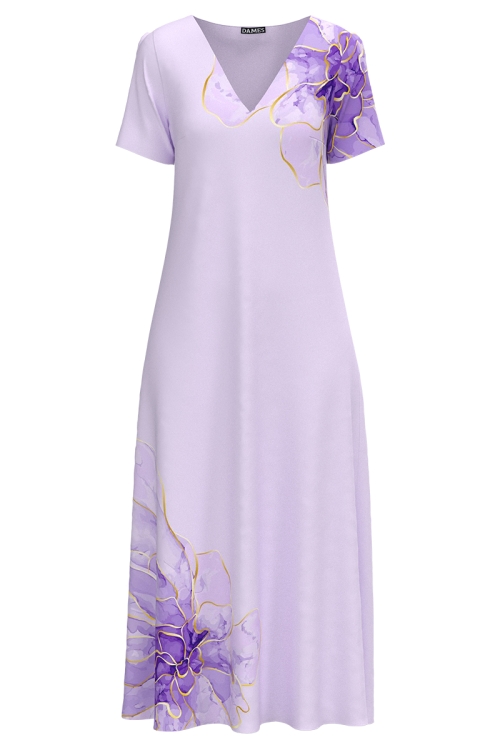 Rochie violet de vara lunga cu buzunare imprimata abstract