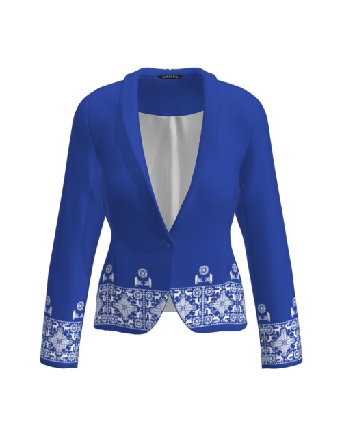 Sacou albastru cambrat imprimat cu model traditional CMD3151