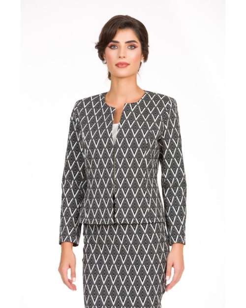 Sacou cambrat cu model geometric alb negru CMD3384 - Img 1
