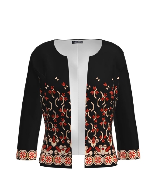 Sacou negru cambrat cu imprimeu traditional CMD1265