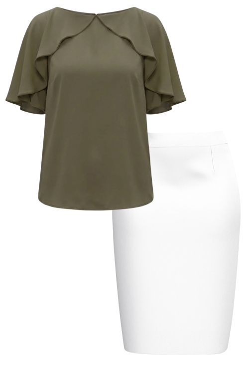 Set dama bluza kaki din vascoza si fusta conica alba