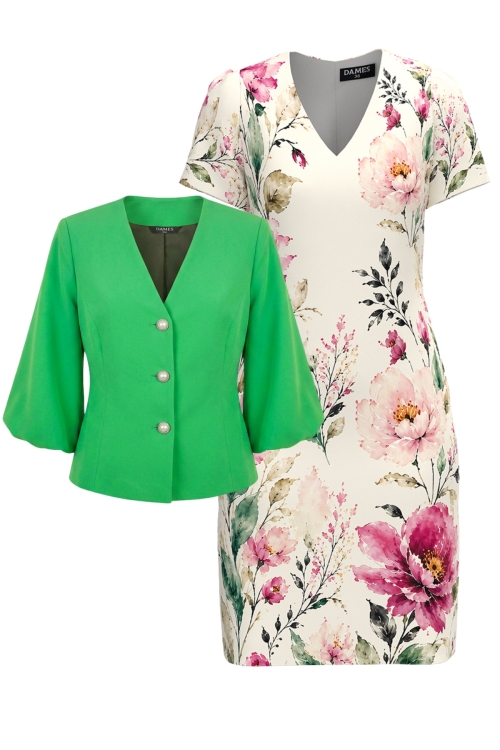 Set dama cu sacou verde cu maneci bufante si rochie imprimata