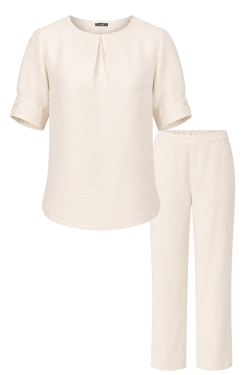 Set din vascoza pantalon drept si bluza cu pliu crem