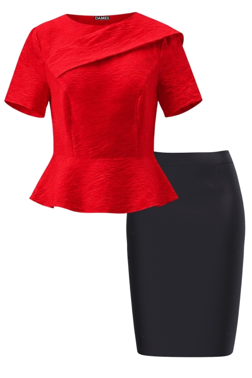 Set elegant bluza rosie cu detaliu si fusta conica neagra
