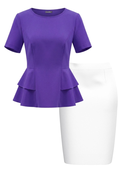Set elegant bluza violet cu volane laterale si fusta conica alba