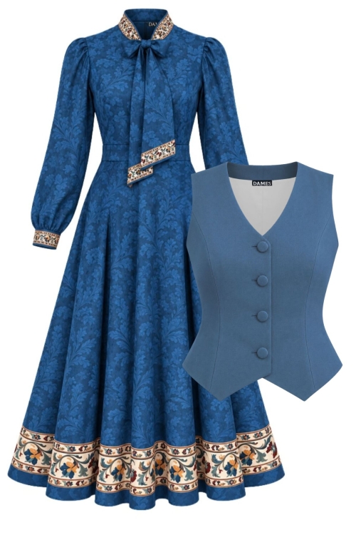 Set elegant rochie albastru deschis cu guler esarfa si vesta bleu eleganta