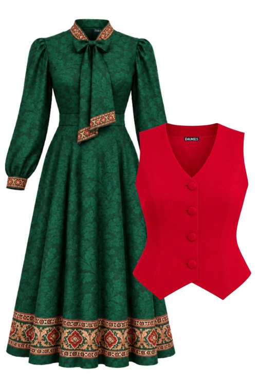 Set elegant rochie verde cu guler esarfa si vesta rosie eleganta