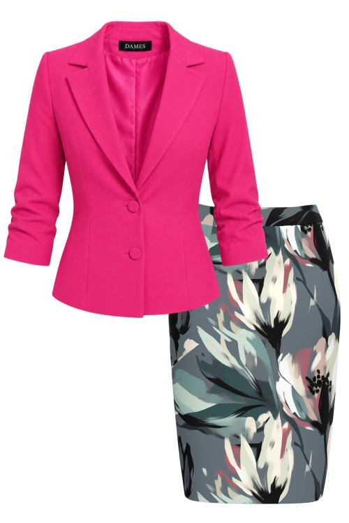 Set elegant sacou roz trandafiriu cu maneca incretita si fusta conica Flori acuarela