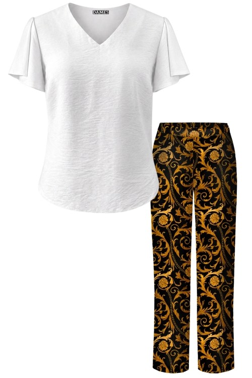 Set pantalon drept Baroc si bluza alba cu maneci despicate