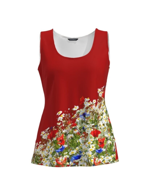 Top casual rosu imprimat cu model Flori de camp CMD959