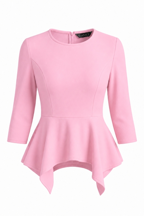 Top roz elegant cu volan asimetric si maneca trei sferturi