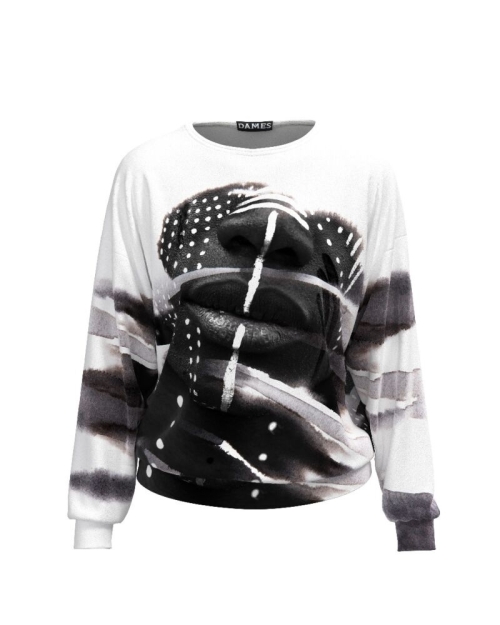 Bluza alb negru tip hanorac din catifea cu imprimeu Face CMD481 - Img 1