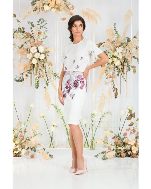 Bluza alba cu maneca scurta de vara imprimata flori si fluturi CMD748 - Img 5