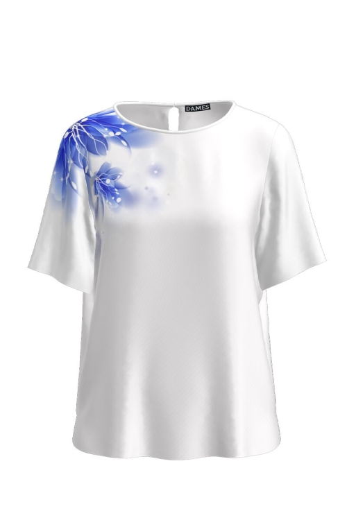 Bluza alba de vara cu maneca scurta si imprimeu Floare albastra CMD1092 - Img 2