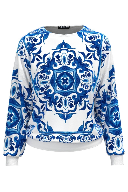 Bluza alba tip hanorac din catifea cu imprimeu albastru CMD4740 - Img 2