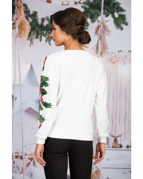 Bluza alba tip hanorac din catifea cu imprimeu Poinsettia CMD1623 - Img 6