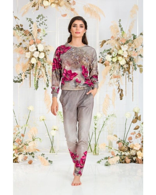 Bluza bej cu imprimeu floral tip hanorac din catifea CMD512 - Img 3