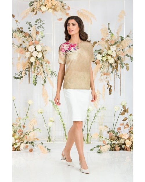 Bluza bej de vara cu maneca scurta si imprimeu floral CMD760 - Img 3