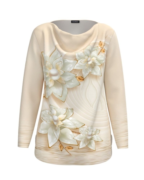 Bluza bej din catifea imprimata cu model floral CMD1306