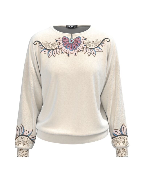 Bluza bej tip hanorac din catifea cu imprimeu floral CMD1706