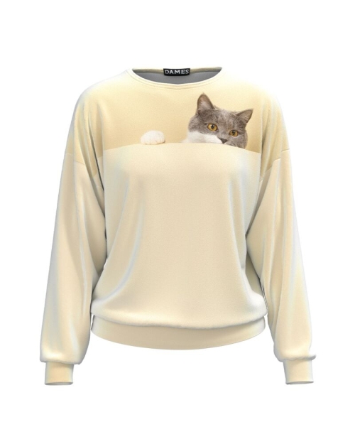 Bluza bej tip hanorac din catifea cu imprimeu Pisica CMD3740 - Img 1