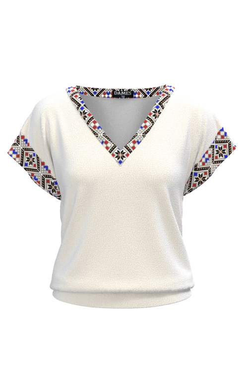 Bluza din catifea cu decolteu in V imprimata tranditional