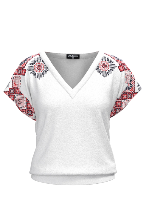 Bluza din catifea cu decolteu in V imprimata tranditional