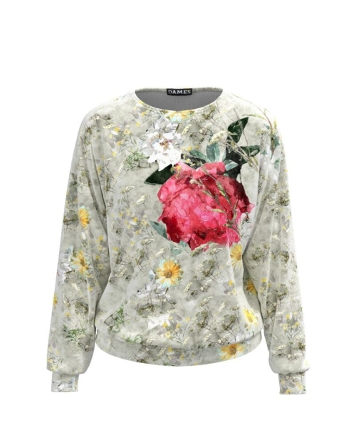Bluza gri tip hanorac din catifea cu print floral CMD427 - Img 1