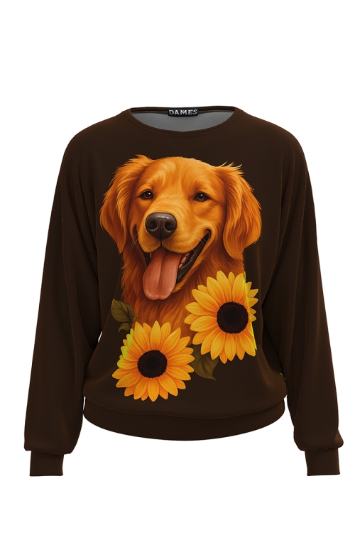 Bluza maro tip hanorac din catifea cu imprimeu Golden Retriever
