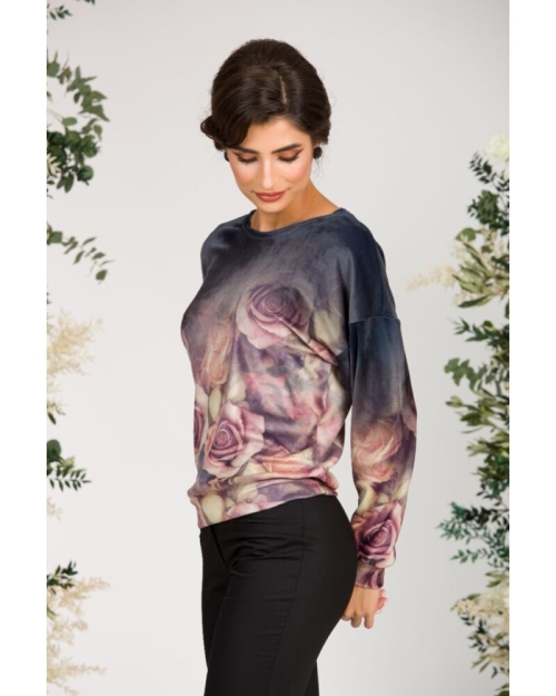 Bluza maro tip hanorac din catifea cu imprimeu trandafiri CMD1709 - Img 3