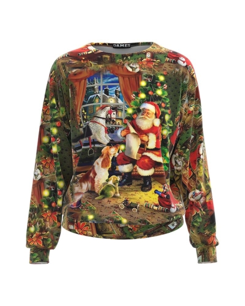 Bluza multicolora tip hanorac din catifea cu imprimeu Mos Craciun CMD3580