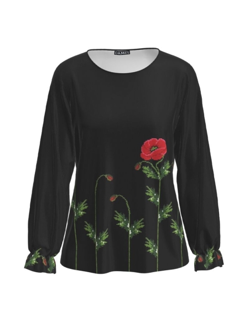 Bluza neagra cu maneca lunga si imprimeu maci CMD1229