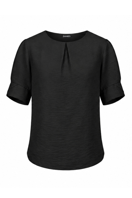 Bluza neagra din vascoza cu pliu si maneca scurta cu manseta
