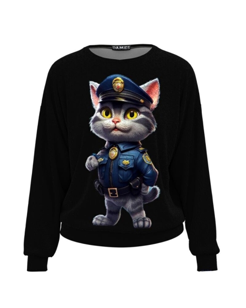 Bluza neagra tip hanorac din catifea cu imprimeu Pisica CMD4899 - Img 1
