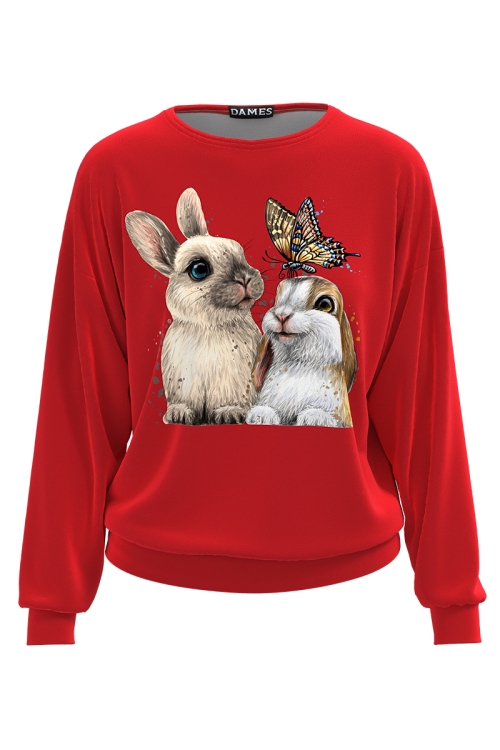 Bluza rosie tip hanorac din catifea cu imprimeu Iepurasi