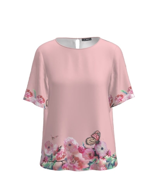 Bluza roz cu maneca scurta imprimata cu model floral CMD2695