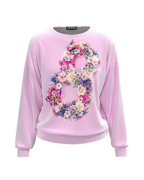 Bluza roz tip hanorac din catifea cu imprimeu floral martisor CMD3947
