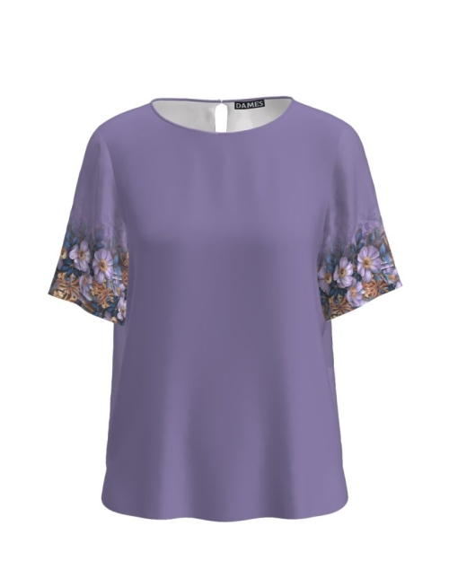 Bluza violet cu maneca scurta imprimata cu model floral CMD4014 - Img 1