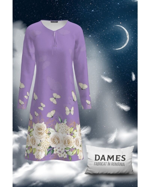Camasa de noapte lila imprimata cu model floral CMD1901