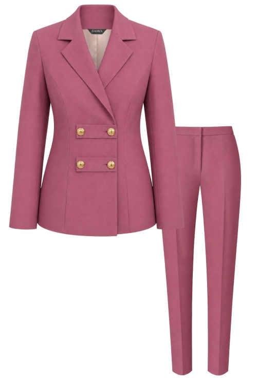 Costum elegant roz antic cu sacou military si pantaloni conici